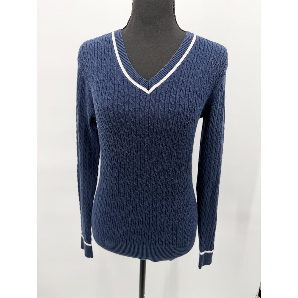 Tommy Hilfiger Sweater Women M Navy Blue Good V-Neck Pima Cotton Cable Knit